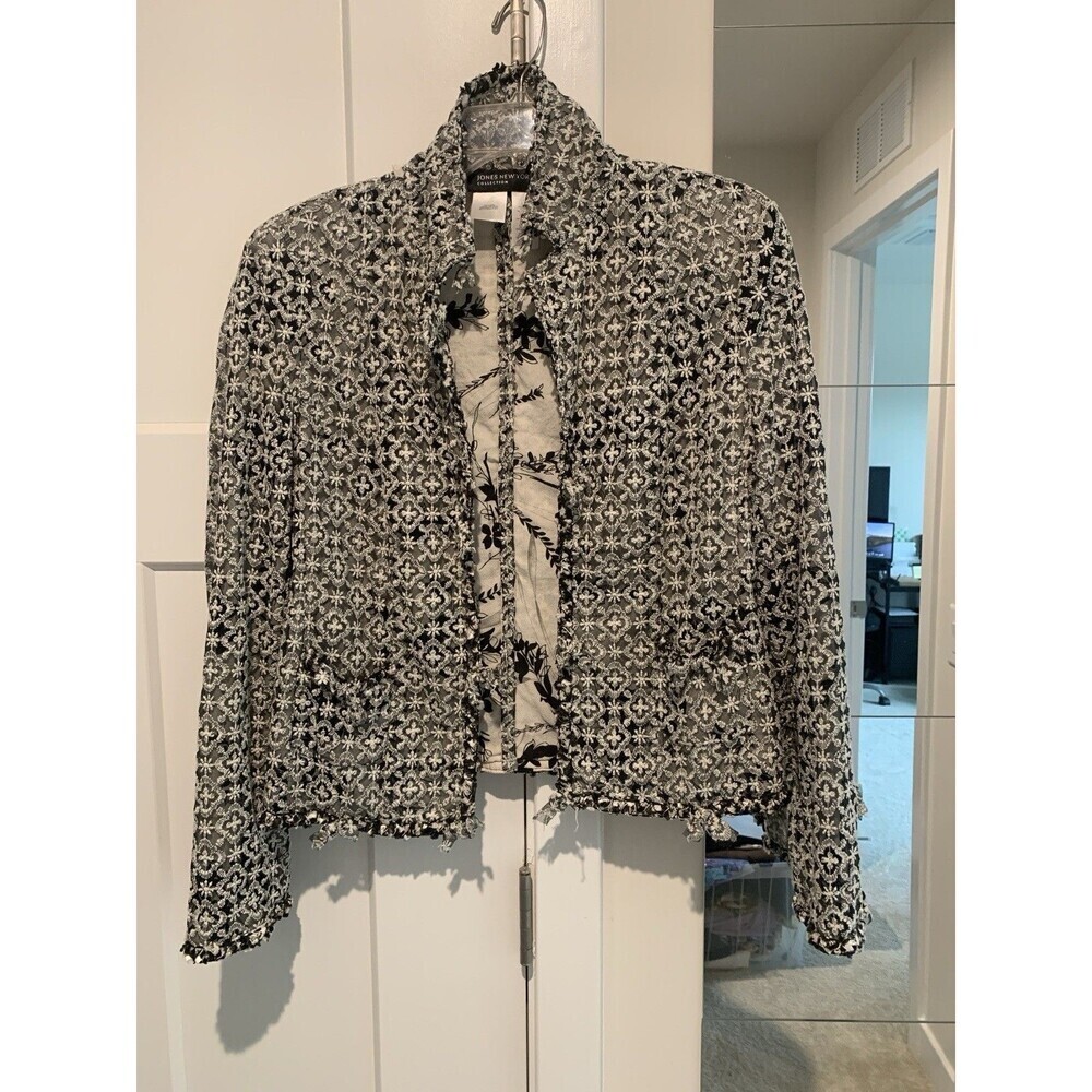 JONES NY Black  & White Floral Lining  Lace Blazer JACKET ‎ Sz 10